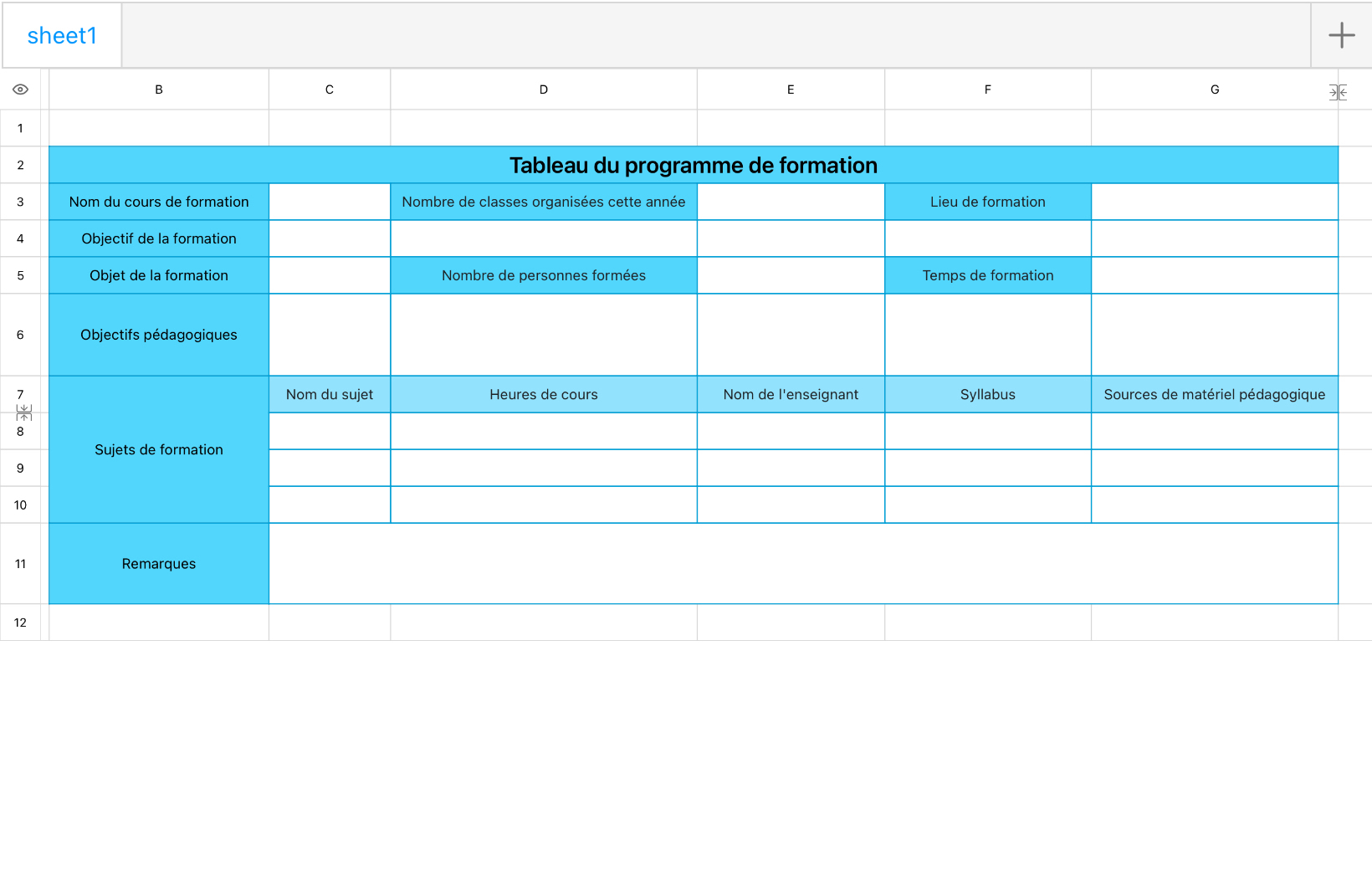 Tableau du programme de formation 1